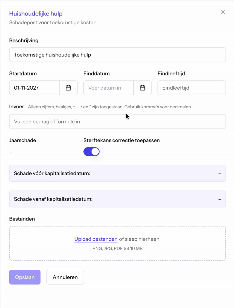 Animatie van Letselinzicht: schadeposten toevoegen, richtlijn kiezen en de totale schade live zien meebewegen