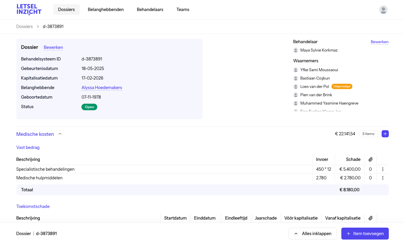 Letselinzicht-dashboard met een schadestaat, schadeposten, periodes en berekening van wettelijke rente